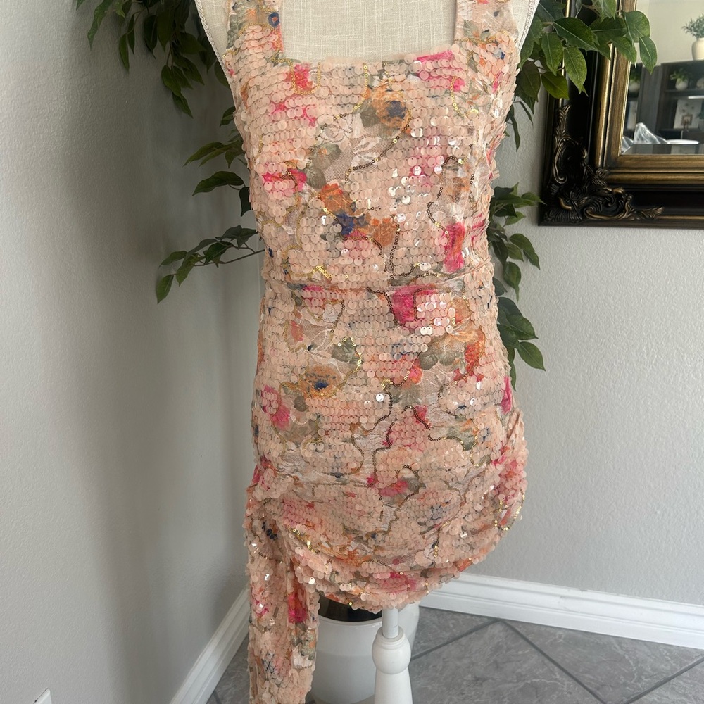 Blush Pink Floral Sequin Mini Dress